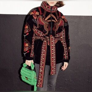 Farm Rio Black Nature Beauty Embroidered Puffer Jacket REVERSIBLE